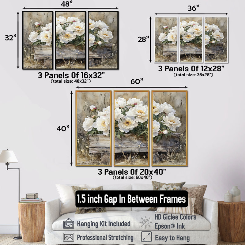 Loin, pivoines près de la cuvette d'eau - pivoines, art mural sur toile - 3 panneaux, H 28 po x l 36 po, Noir