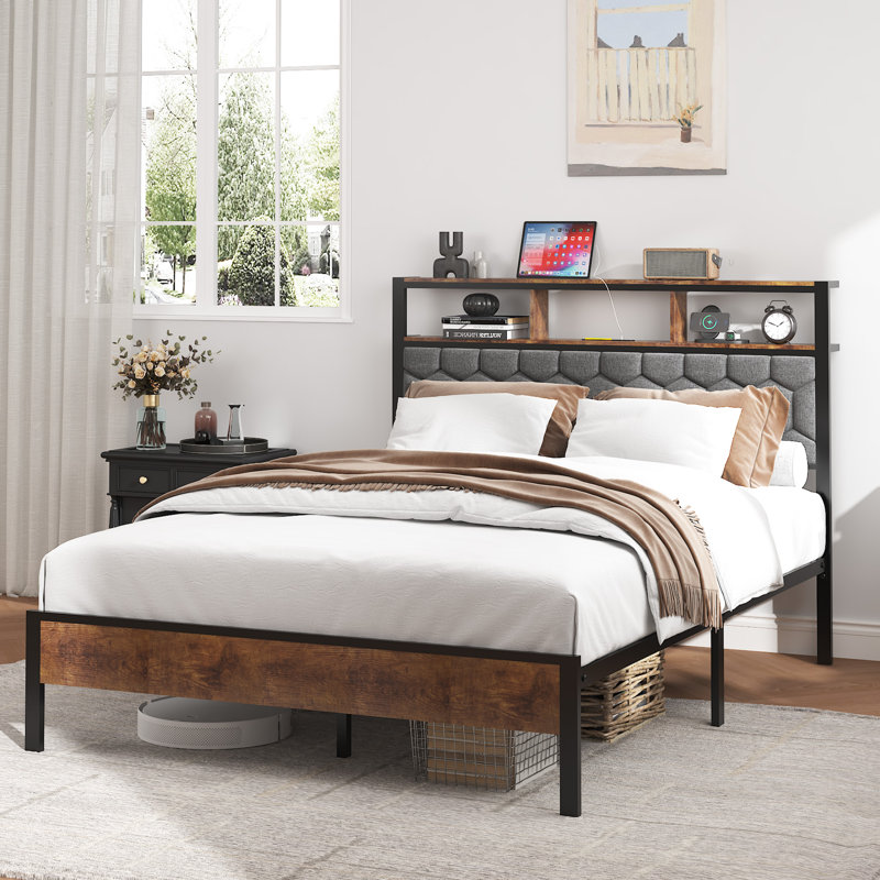 Cadre de lit double, cadre de lit plateforme en bois, chevet avec emballage souple et 2 pièces, pas de bruit, pas besoin de matelas à ressorts et d'outils d'assemblage simples, grand espace de rangement au bas du lit, brun