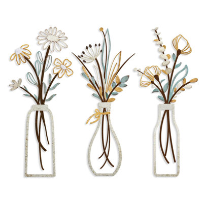  3-Piece Metal Flower Wall Art Set, Minimalist Boho Wall Decor