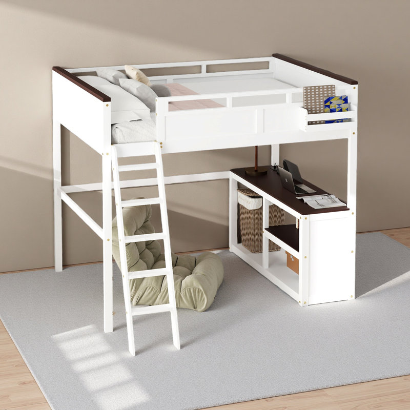 Queen Size Loft Bed With Desk,Open Shelf And A Storage Box,USB Charging Station