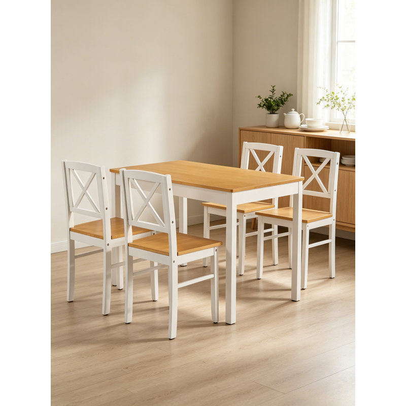 Ensemble de salle à manger 5 pièces en bois d'hévéa massif, table de cuisine compacte et 4 chaises à dossier en croix pour appartements et cafés