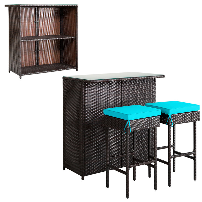 3PCS Patio Wicker Rattan Bar Set Table w/2 Turquoise Cushioned Stools, Blue, 41.5"H x 24"W x 40"D