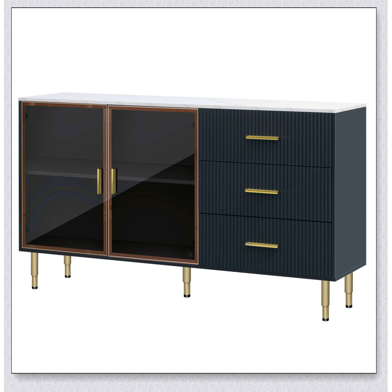 Buffet moderne avec panneau de buffet en MDF et portes en verre trempé jaune ambre, Navy Blue