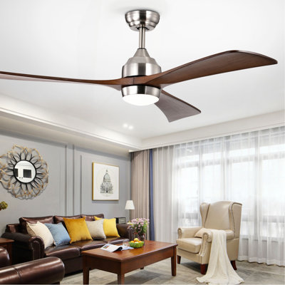 Ventilateur de plafond de 52 po avec pales en bois massif de 52 po avec lumières, télécommande, ventilateur de plafond silencieux à 3 pales à moteur à 6 vitesses, ventilateur de plafond réversible, pour salon de patio, chambre à coucher, bureau, intérieur.