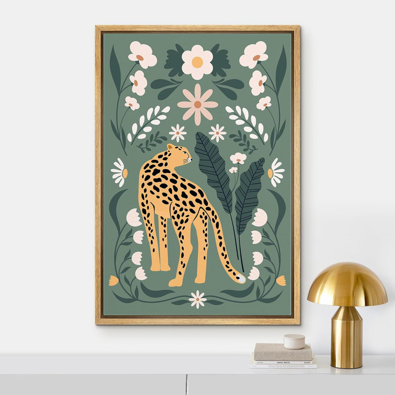 Bright Preppy Animals Botanical Floral Print Cheetah Cat Print Bedroom Animals Modern Boho Style Preppy, 36" H x 24" W