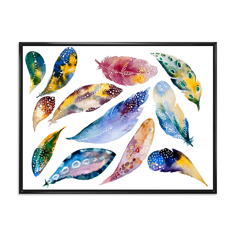 Ensemble de plumes colorées Boho VI - peinture sur toile, H 16 po x l 32 po x p 1 po, Cadre noir