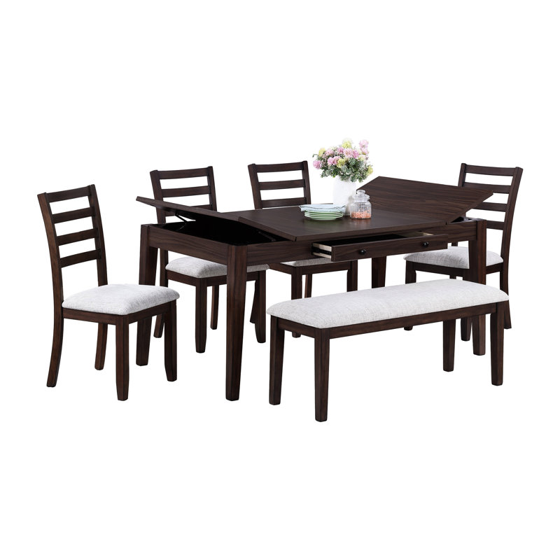 Table de salle à manger moderne 6 pièces pour la salle à manger: table rectangulaire en noyer avec plateau relevable caché et tiroir, banc à dossier contemporain avec rangement,