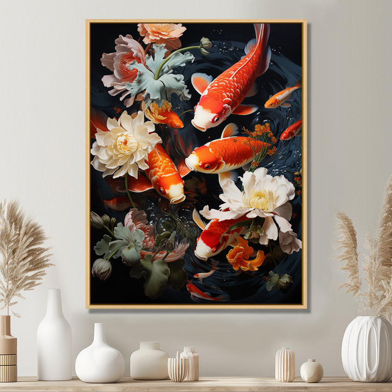 «Asian Art Infinite Koi I», reproduction d'art sur toile, H 32 po x l 16 po x P 1 po, Cadre flottant en érable