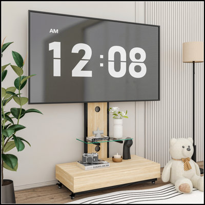 Meuble télé réglable avec tiroir à tirer, chariot mobile pour 32-75 pouces, bois et verre, roues verrouillables, mobilier de salon polyvalent