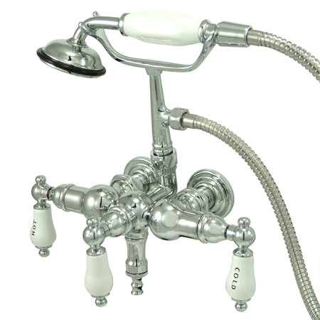 Robinet de baignoire à fixation murale à trois poignées avec douche à main à pattes Vintage, Chrome