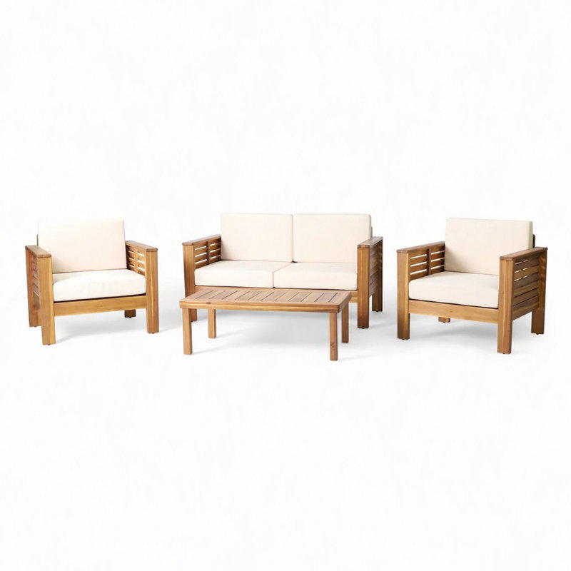Ensemble de causeuse et table basse en teck et bois d'acacia avec coussins crème