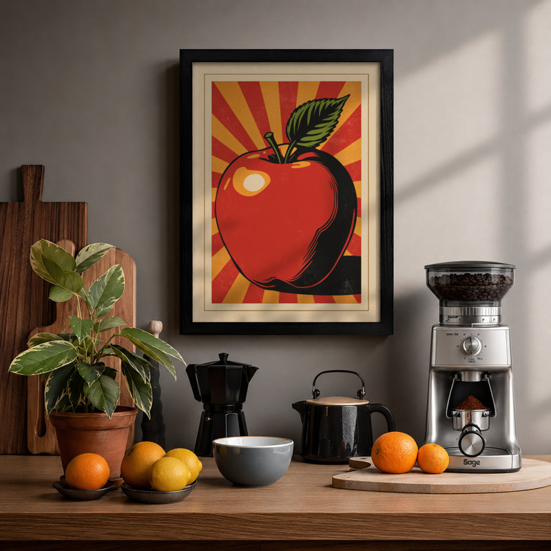 Apple in Sunburst Retro - Framed Print, Black, A4 - 29.7 x 21.0 cm
