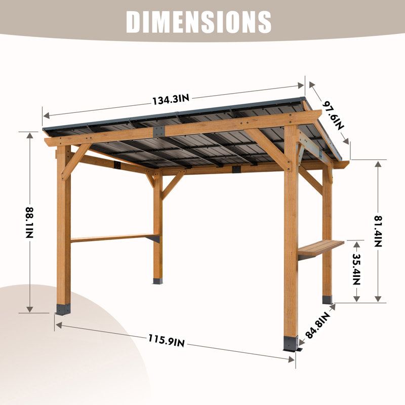 cedar Wood Grill Gazebo with Bar Counter, Patio Hardtop Grill Pergola for BBQ, Cedar Barbeque Shelter with Metal Roof