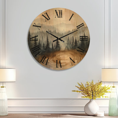 Golden Forest Pool - Horloge murale silencieuse Japandi, imprimée sur bois