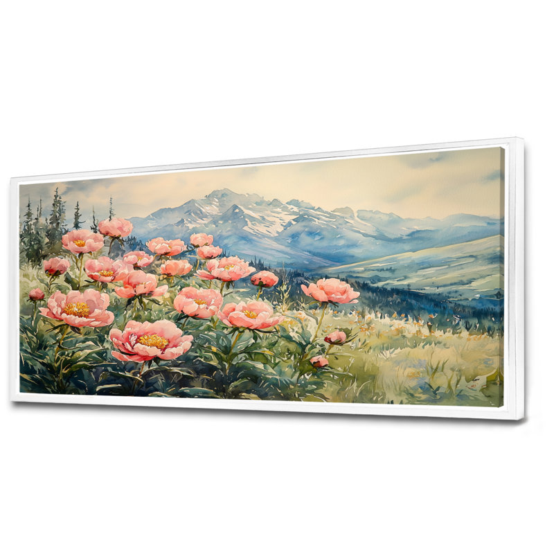 Gonzala, pivoines dans les hautes prairies III - pivoines, art mural, H 28 po x l 60 po, Impression encadrée flottante, Blanc