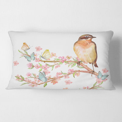 Lovely Bird Sitting on Branch of Sakura Rectangular Pillow Cover & Insert