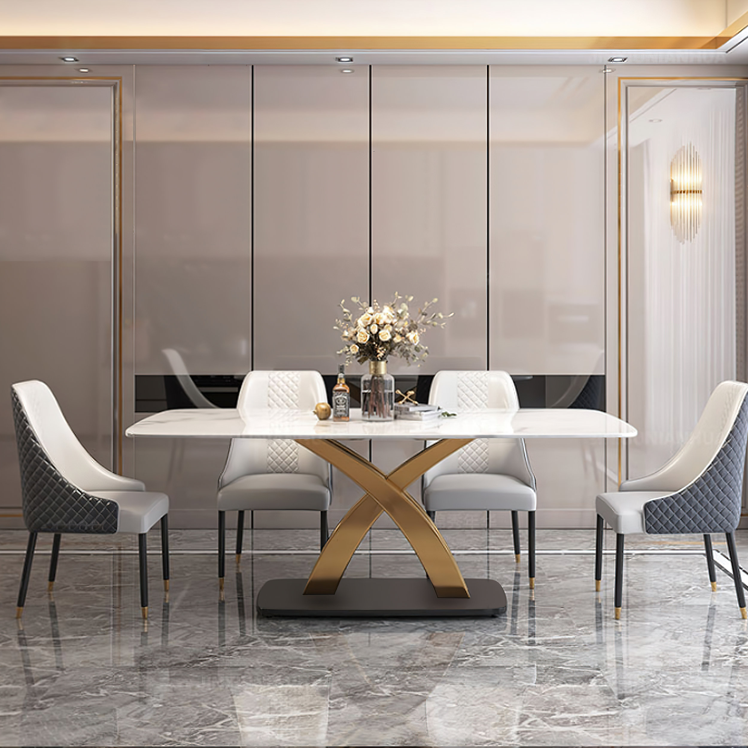 Mercer41 Modern White Rectangular Sintered Stone Dining Table Gold Base ...