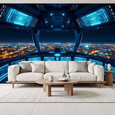 Peel and Stick Wallpaper Futuristic Cockpit Interior Overlooking Night Cityscape Panels Wall Murals 69"H x 96"W Removable PVC Wall Paper Self-Adhesive Wall Decor for Bedroom Living Room Home Office