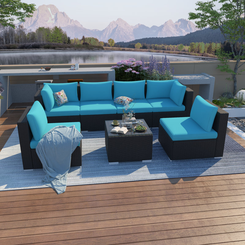 Accomac 6 - Person Modular Patio Conversation Set with Cushions, Blue/Black