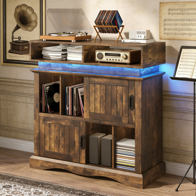 Record Player Stand With Sliding Doors, Holds 450 Albums, With Charging Station, Brown, Brown
