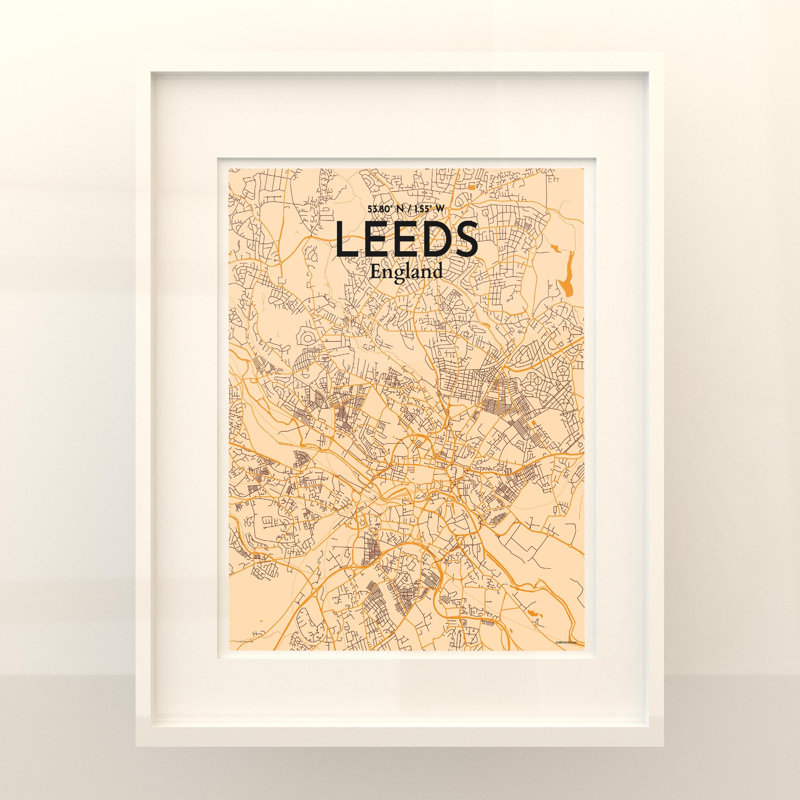 Carte de la ville de Leeds, impression, Orange / or pâle, H 20 po x l 16 po