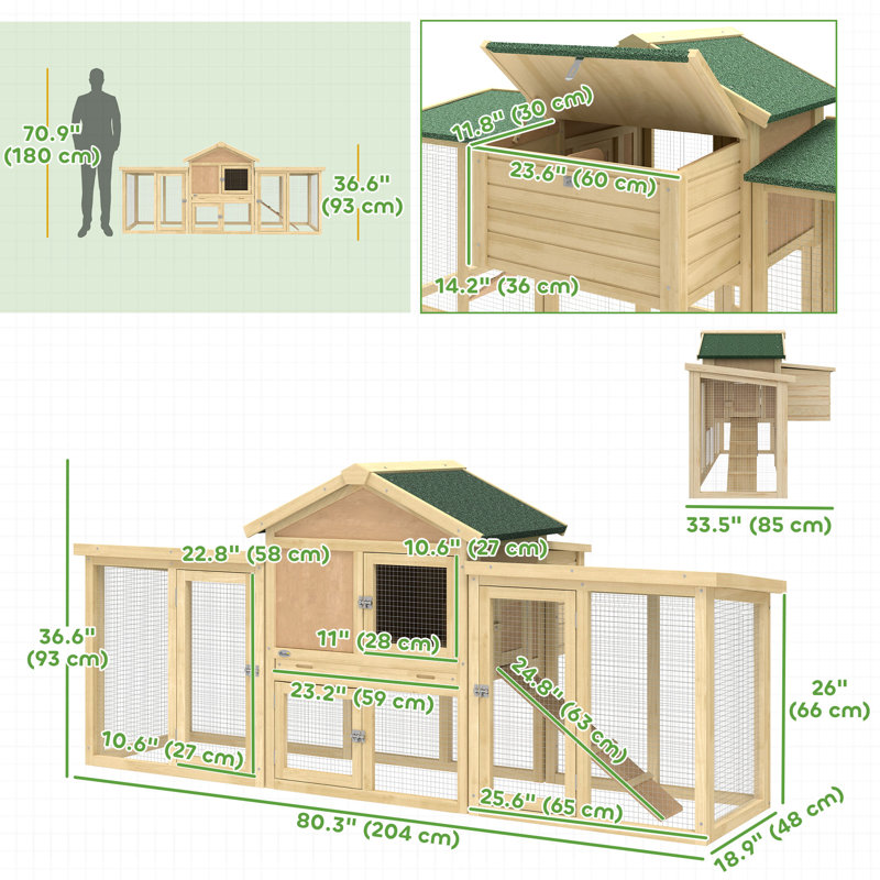 Poulailler 80 po, cage à poulets pour l'extérieur en bois avec boîte de nidification, couloirs doubles, plateau amovible, rampe, pour cour arrière