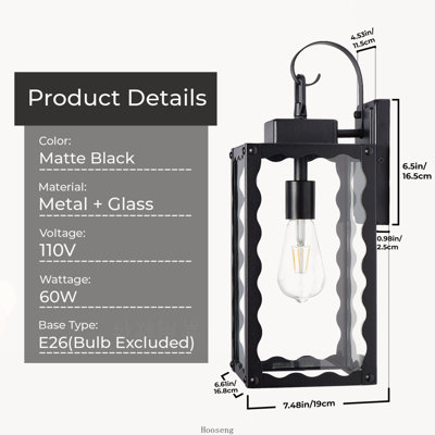 Applique murale extérieure surdimensionnée de 45,7 cm (18 po), noir mat, avec verre transparent, lanterne de porche étanche, forme ondulée