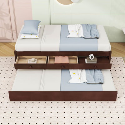Wood Platform Bed with Pull-Out Trundle and Storage Drawers