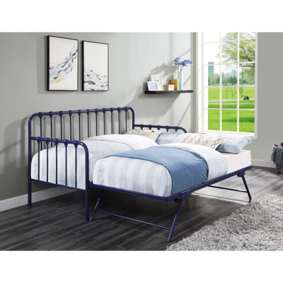 Lit de jour bleu marine avec couchette relevable, structure classique en métal, utilisation dans la chambre à coucher, aucune fondation nécessaire, capacité de 300 lb, lit de jour gigogne pour matelas simple, essentiel, base, rangement facile,