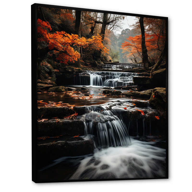 «Waterfall Dancing Cascades I» - art mural cascade, H 44 po x l 34 po x P 1,5 po, Cadre flottant noir