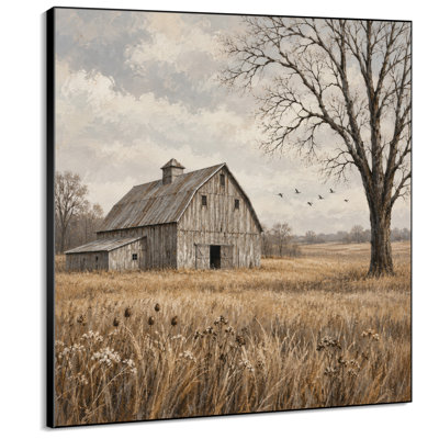 Impression sur toile xtra Large Wall - grange rustique vieillie avec grand arbre et oiseaux volants pour le salon ou la chambre à coucher - «Assemblage requis du cadre (cadre non fini)»