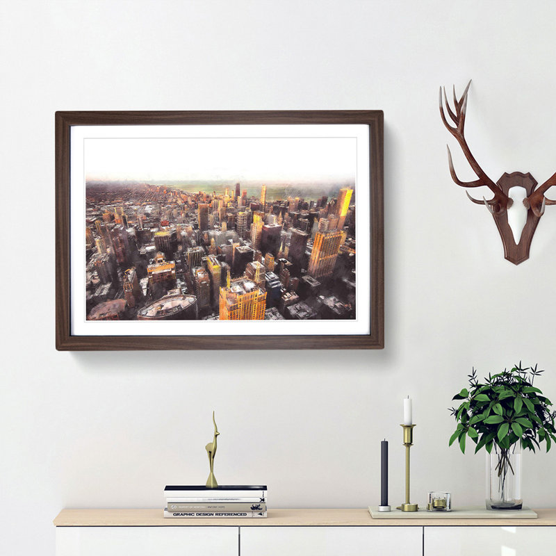 Flying over the Chicago Skyline - Picture Frame Graphic Art Print, 33cm H x 45cm W x 2cm D, Walnut Framed