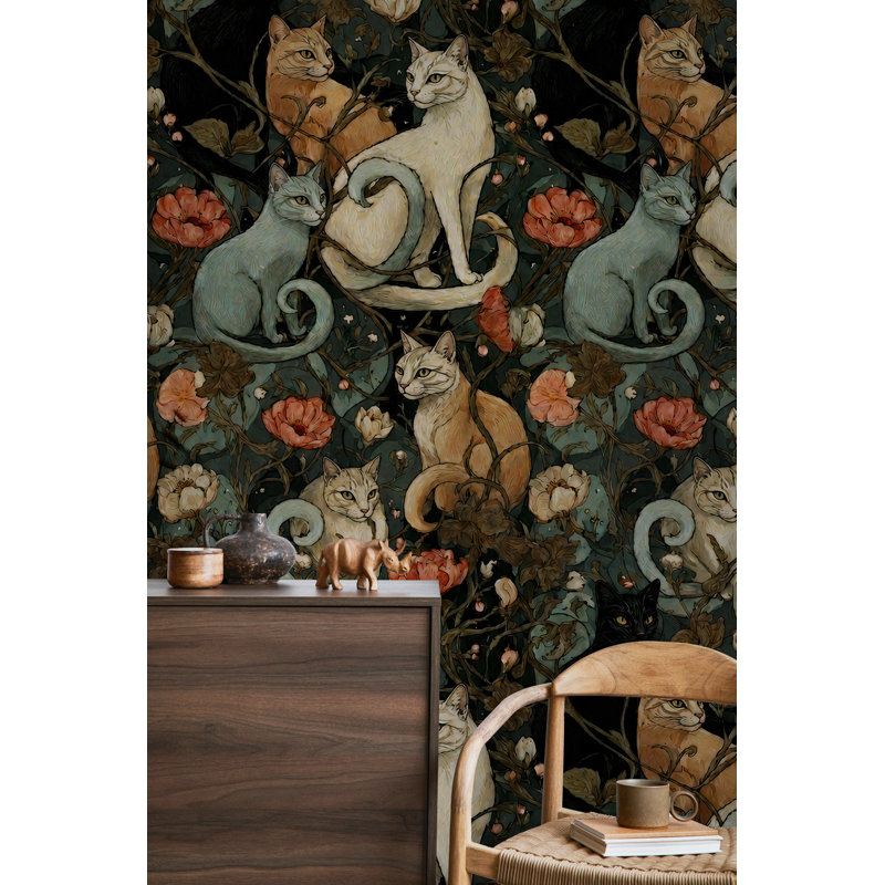 Vintage Cat and Floral Wallpaper in Black Green and Coral Tones