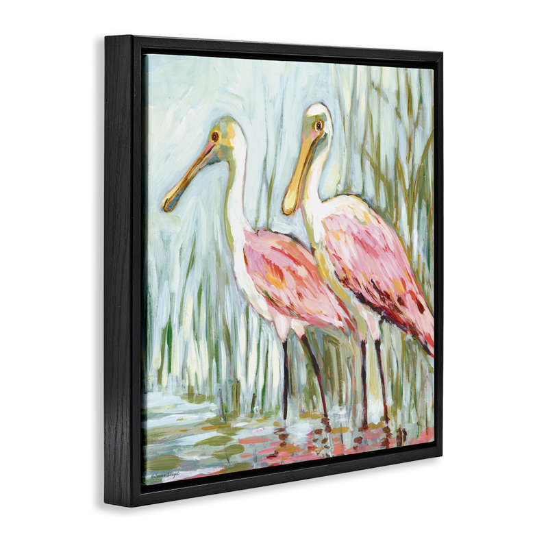 «Spoonbill Birds pair», art mural encadré flottant par Susan Winget, H 18 po x l 18 po, Cadre flottant noir de jais