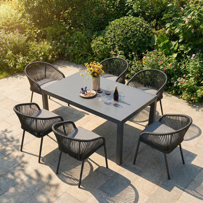 6- Person Aluminum Patio Dining Set With Extendable Rectangular Table And Stackable Chair,cushions Included, 6