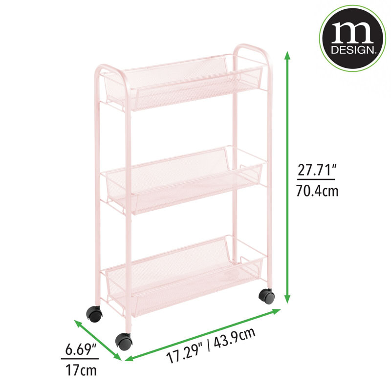 Blush Pink Steel 3-Tier Rolling Laundry Cart with Shelves