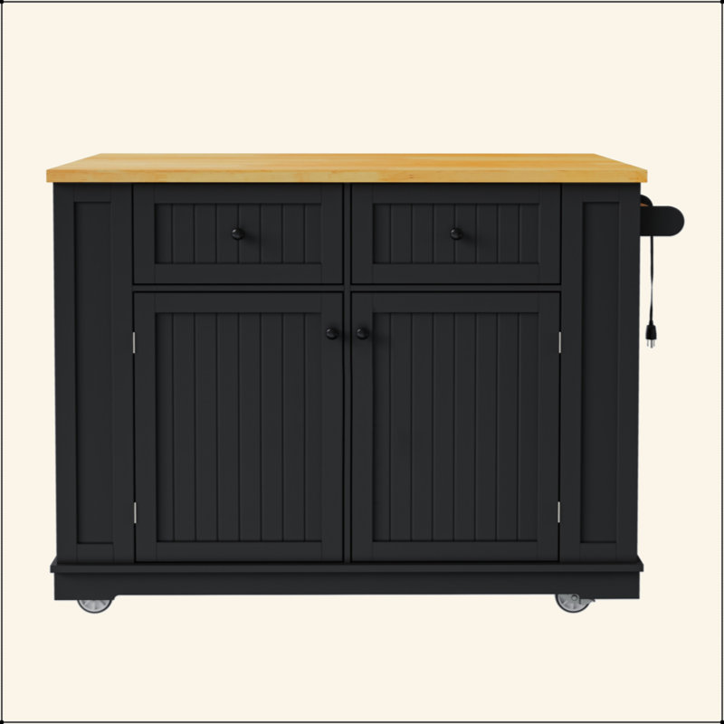 48 Inch Large Kitchen Island With Drop Leaf,Power Outlet,Internal Storage Rack,Rolling Kitchen Storage Cart On 5 Wheels With 5 Open Side Racks,For Kitchen,Dining Room(Not Include Stools)