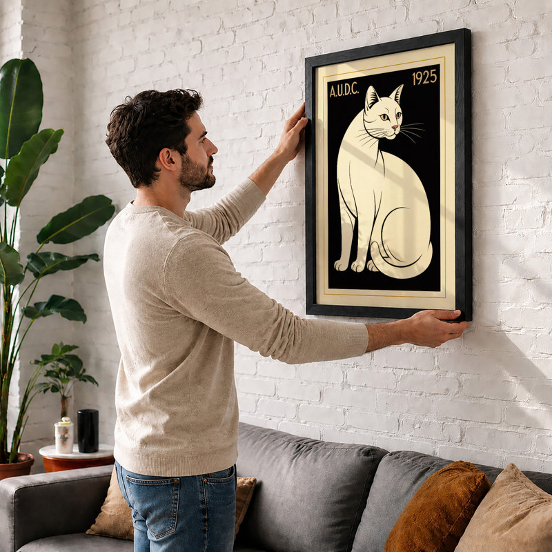 Cat Art Deco - Framed Print, A2 - 59.4 x 42.0 cm, Black