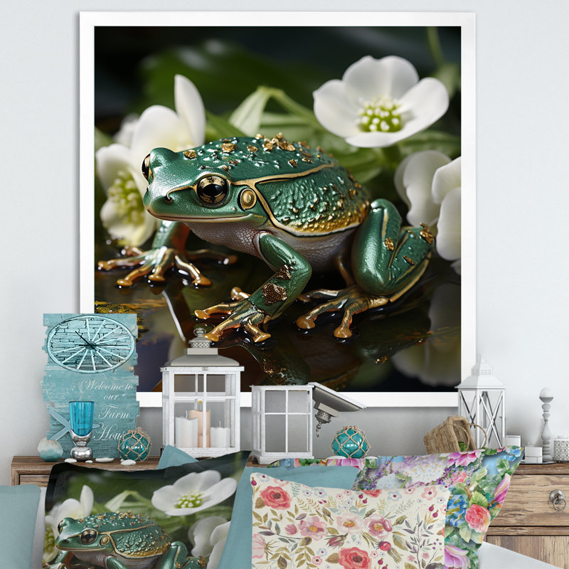 Grenouille verte sur verre, impression sur toile, H 16 po x l 16 po x P 1 po, Cadre simple blanc