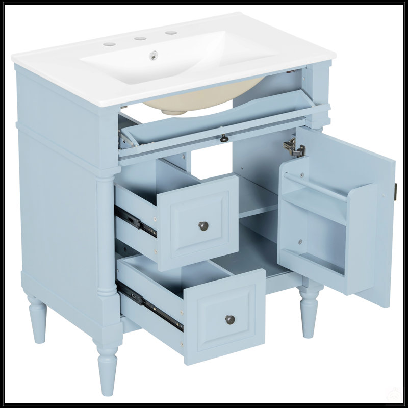30 Inch Freestanding Bathroom Vanity With Ceramic Sink, Flip Drawer, And Adjustable Shelf For Modern Bathrooms, Blue/Gray
