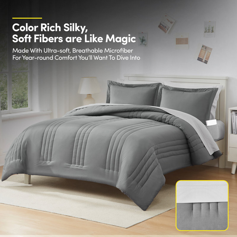 8 Piece Quilted Solid Stripe Comforter, Sheet Set And Mattress Protector Bedding Bundle, Full, Gray/Silver