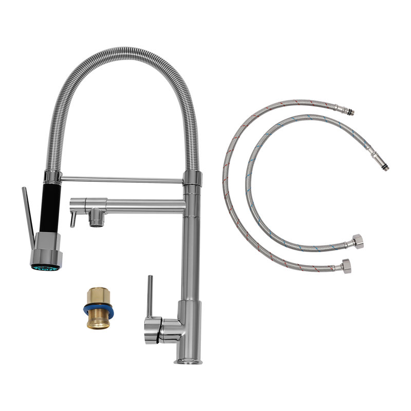 Robinet de cuisine à double douchette rétractable en acier inoxydable pour éviers de cuisine, Argent