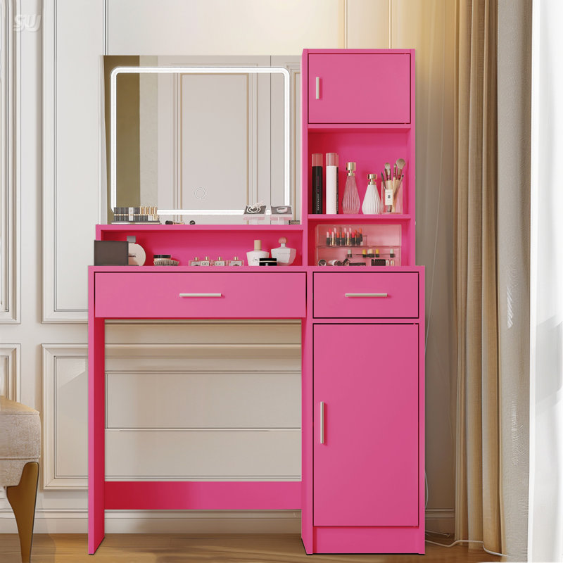 Bureau de coiffeuse avec miroir et bande lumineuse à DEL; Coiffeuse avec grand tiroir, Rose