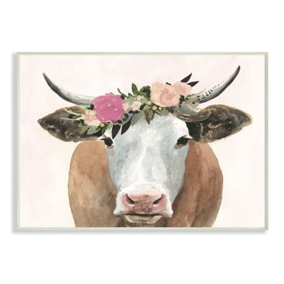 «Spring Spring Flower Farm Cow with Horns» par Victoria Borges, reproduction d'art sur cadre flottant