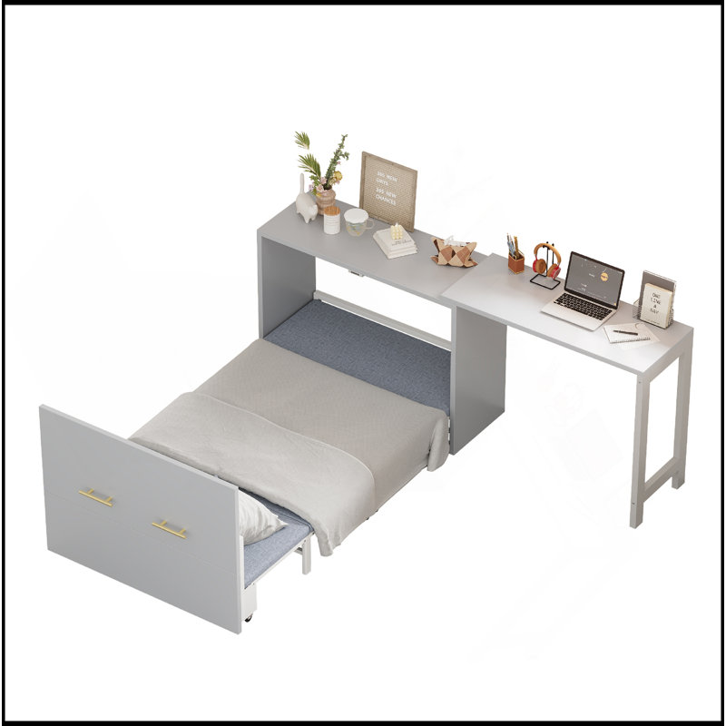 Lit simple escamotable avec commode à hauteur réglable, commode escamotable avec coussin pliable pour chambre d'amis, petit espace