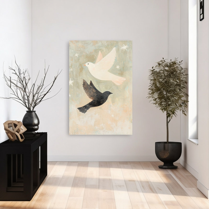 Blanc et noir, vol, éthéré, paix, oiseau abstrait, paysage, impression d'art mural, H 48 po x l 32 po