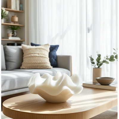 Bol décoratif abstrait avec bords à volants pour la décoration intérieure - Décoration décorative sculpturale moderne pour le salon ou le comptoir de cuisine - 12 po, blanc