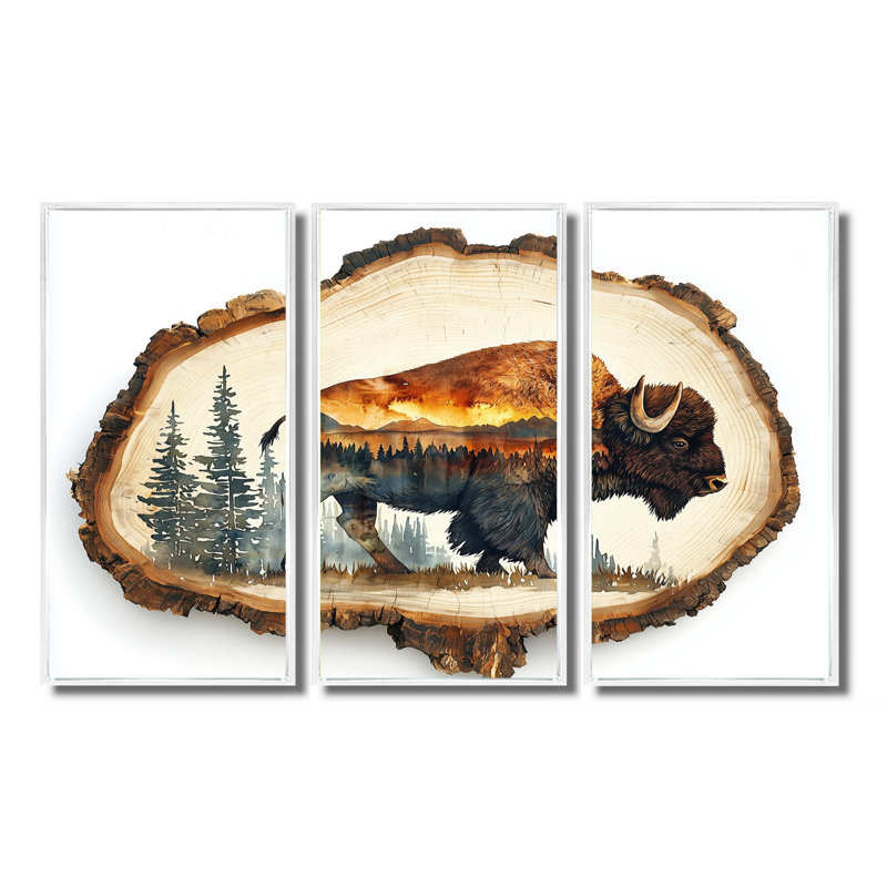 Portrait de bison américain en double exposition Canyon III - art mural bison - ensemble de 3, H 32 po x l 48 po, Blanc
