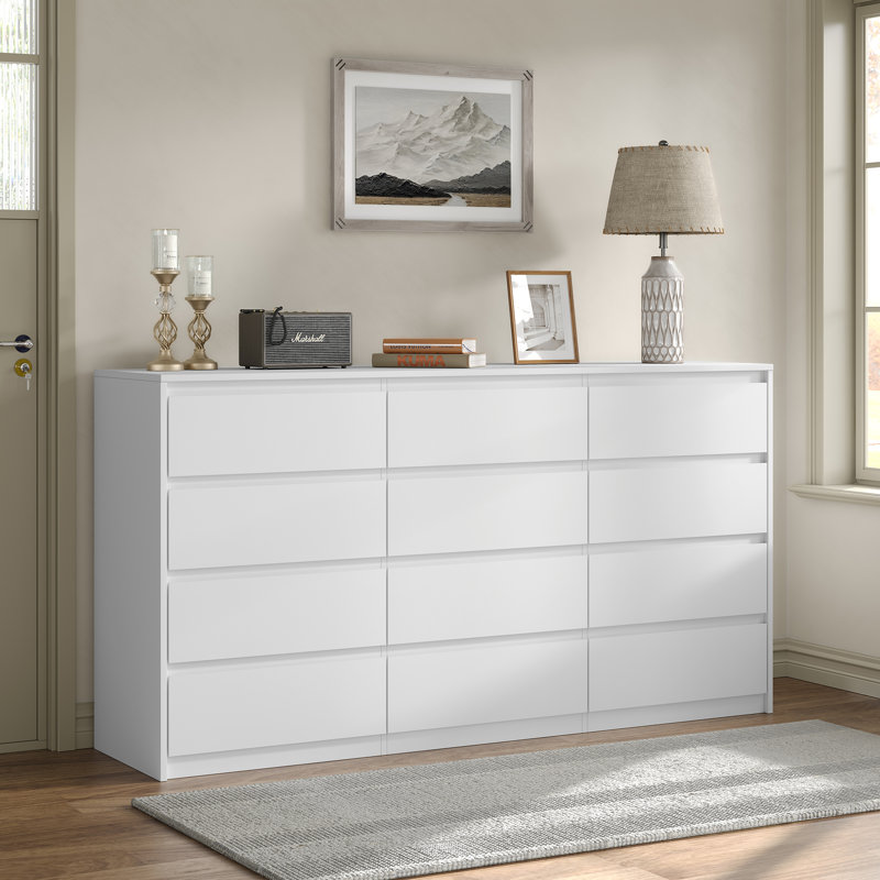 Commode double à 12 tiroirs Teasley, l 63 po pour chambre à coucher, Blanc