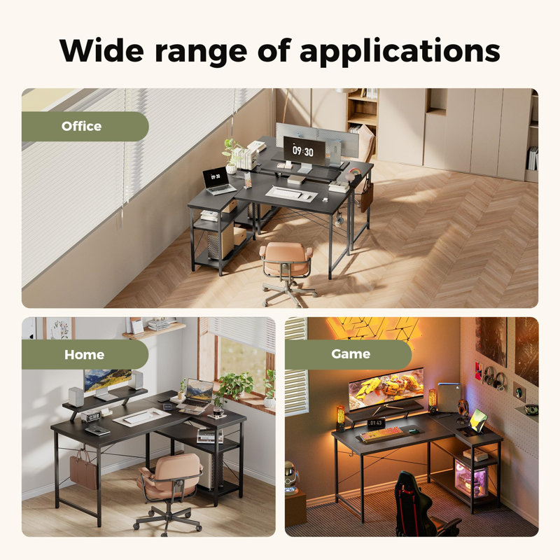 L-Shaped Metal Base Computer Desk, Black